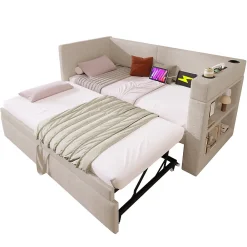 Lit Gigogne 90x200 cm - Lit Enfant avec Ports USB et Type-C, Porte-Gobelet, sans Matelas, Tissu Lin, Beige><noscript><img width=