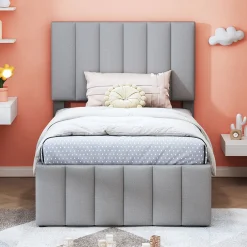 Lit Gigogne 90x200 cm - Lit enfant avec Tiroirs et Lit Gigogne, Revêtement en Lin, MDF et Métal - sans matelas - Gris>Okwish Outlet