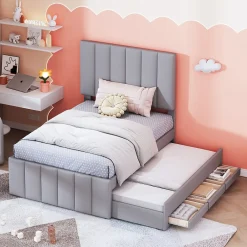 Lit Gigogne 90x200 cm - Lit enfant avec Tiroirs et Lit Gigogne, Revêtement en Lin, MDF et Métal - sans matelas - Gris>Okwish Outlet