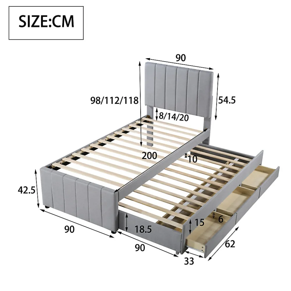 Lit Gigogne 90x200 cm - Lit enfant avec Tiroirs et Lit Gigogne, Revêtement en Lin, MDF et Métal - sans matelas - Gris>Okwish Outlet