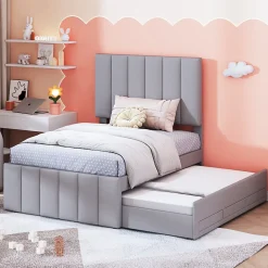 Lit Gigogne 90x200 cm - Lit enfant avec Tiroirs et Lit Gigogne, Revêtement en Lin, MDF et Métal - sans matelas - Gris><noscript><img width=