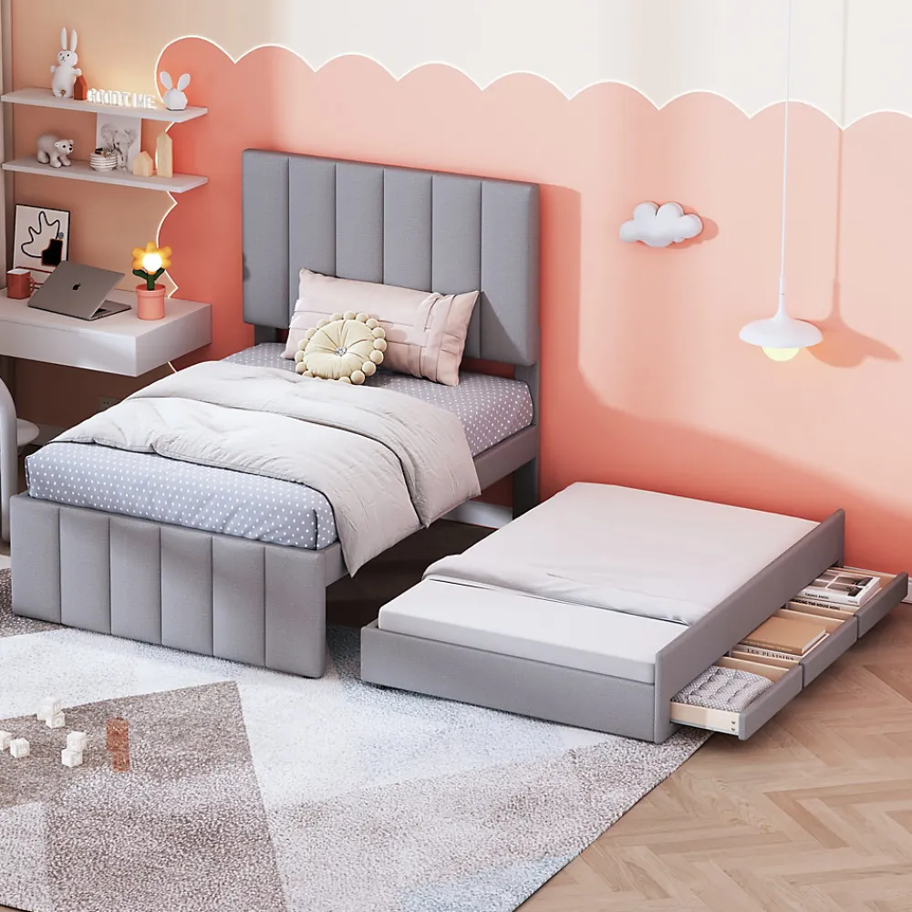 Lit Gigogne 90x200 cm - Lit enfant avec Tiroirs et Lit Gigogne, Revêtement en Lin, MDF et Métal - sans matelas - Gris>Okwish Outlet