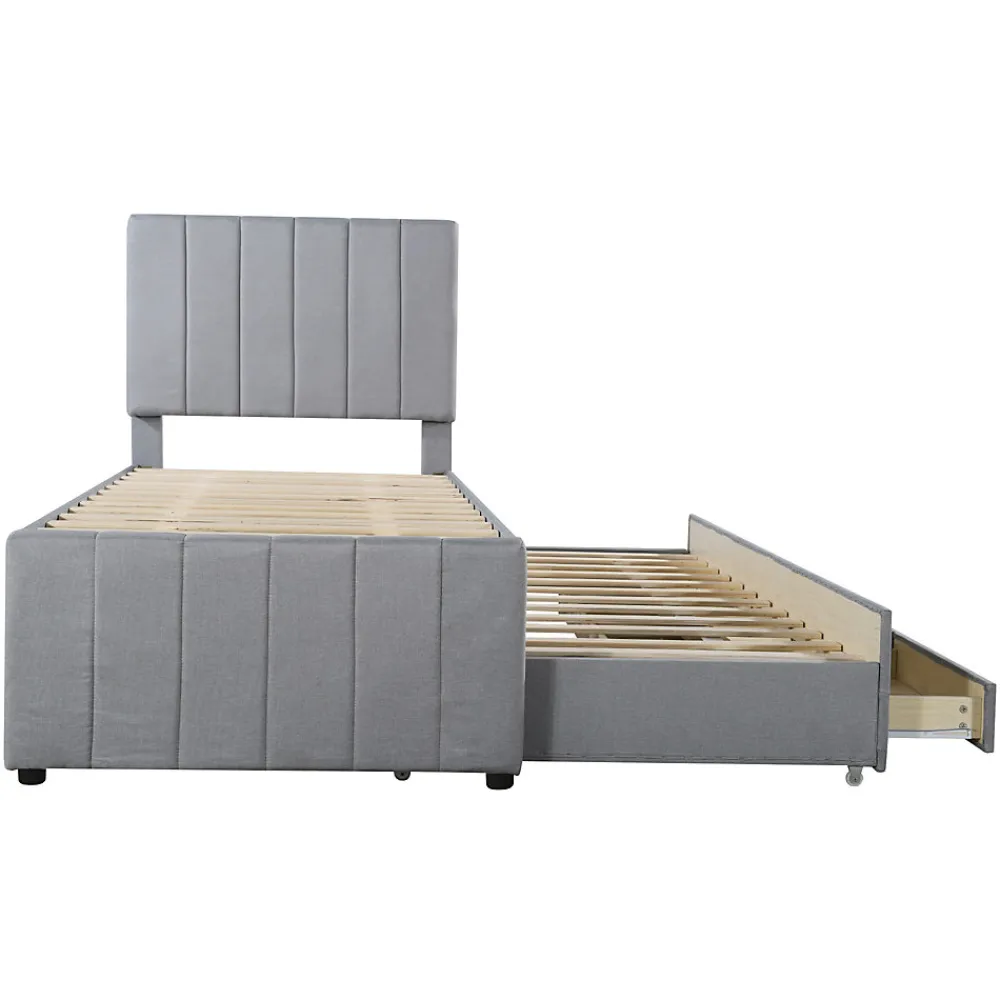 Lit Gigogne 90x200 cm - Lit enfant avec Tiroirs et Lit Gigogne, Revêtement en Lin, MDF et Métal - sans matelas - Gris>Okwish Outlet
