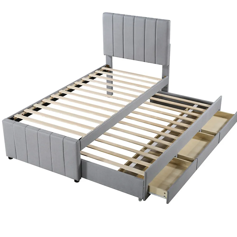 Lit Gigogne 90x200 cm - Lit enfant avec Tiroirs et Lit Gigogne, Revêtement en Lin, MDF et Métal - sans matelas - Gris>Okwish Outlet