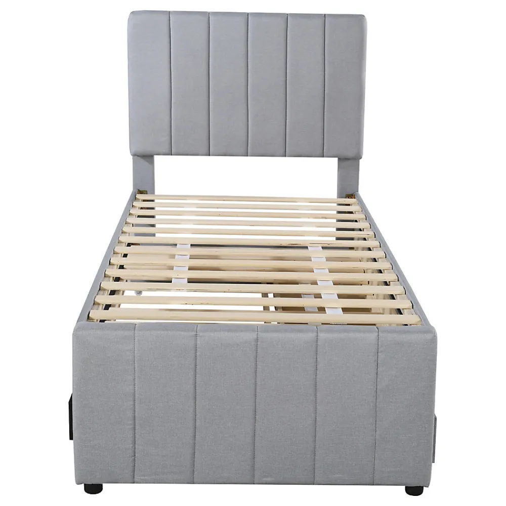 Lit Gigogne 90x200 cm - Lit enfant avec Tiroirs et Lit Gigogne, Revêtement en Lin, MDF et Métal - sans matelas - Gris>Okwish Outlet