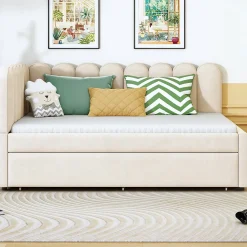 Lit Gigogne 140x200 cm - Lit Enfant Velours avec Rangement et Lit Extensible L-Forme, Sans Matelas, Beige><noscript><img width=