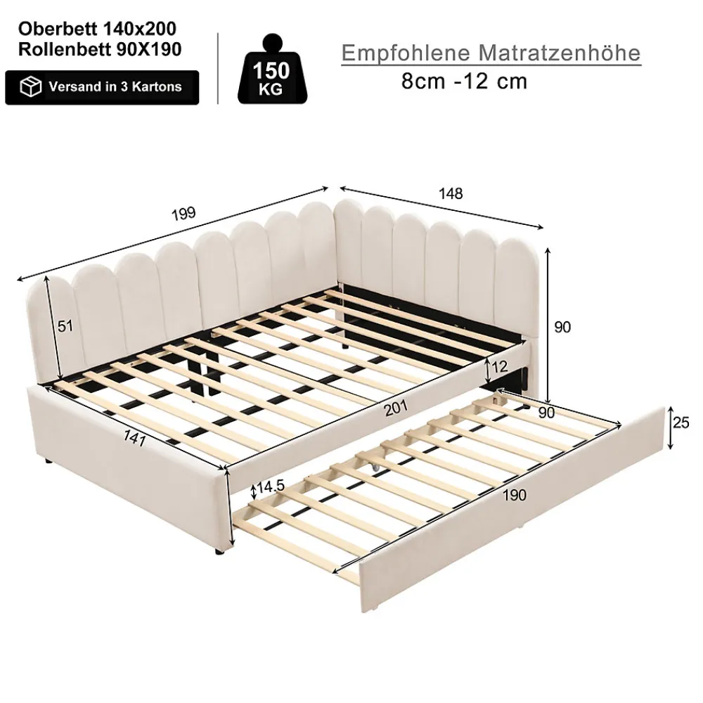 Lit Gigogne 140x200 cm - Lit Enfant Velours avec Rangement et Lit Extensible L-Forme, Sans Matelas, Beige>Okwish