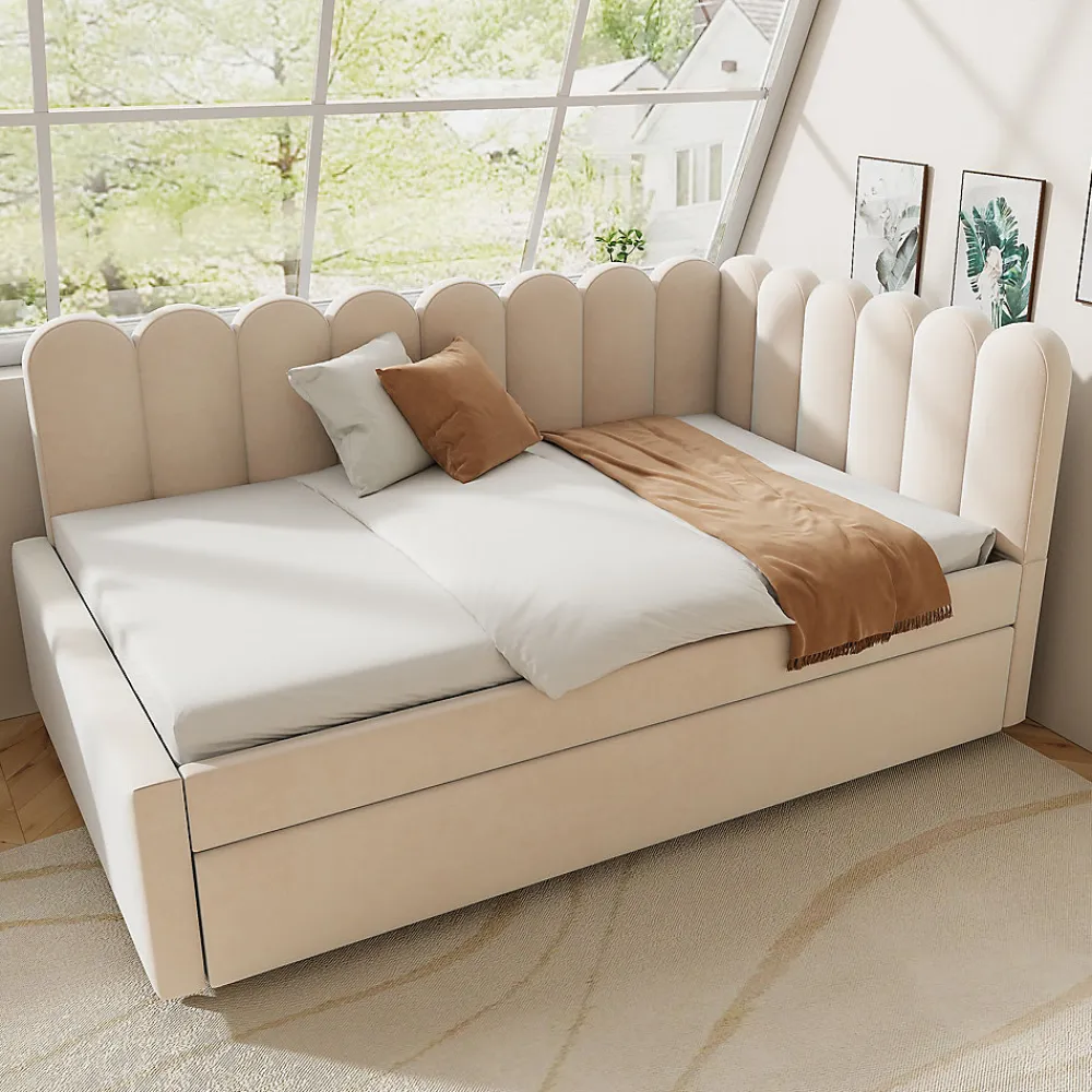 Lit Gigogne 140x200 cm - Lit Enfant Velours avec Rangement et Lit Extensible L-Forme, Sans Matelas, Beige>Okwish