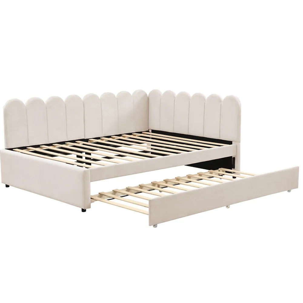 Lit Gigogne 140x200 cm - Lit Enfant Velours avec Rangement et Lit Extensible L-Forme, Sans Matelas, Beige>Okwish