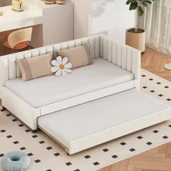 Okwish Lit Gigogne 90x200 cm - Lit enfant et d'Appoint avec Tiroir Intégré, Sommier À Lattes, Velours Beige* Lit Gigogne