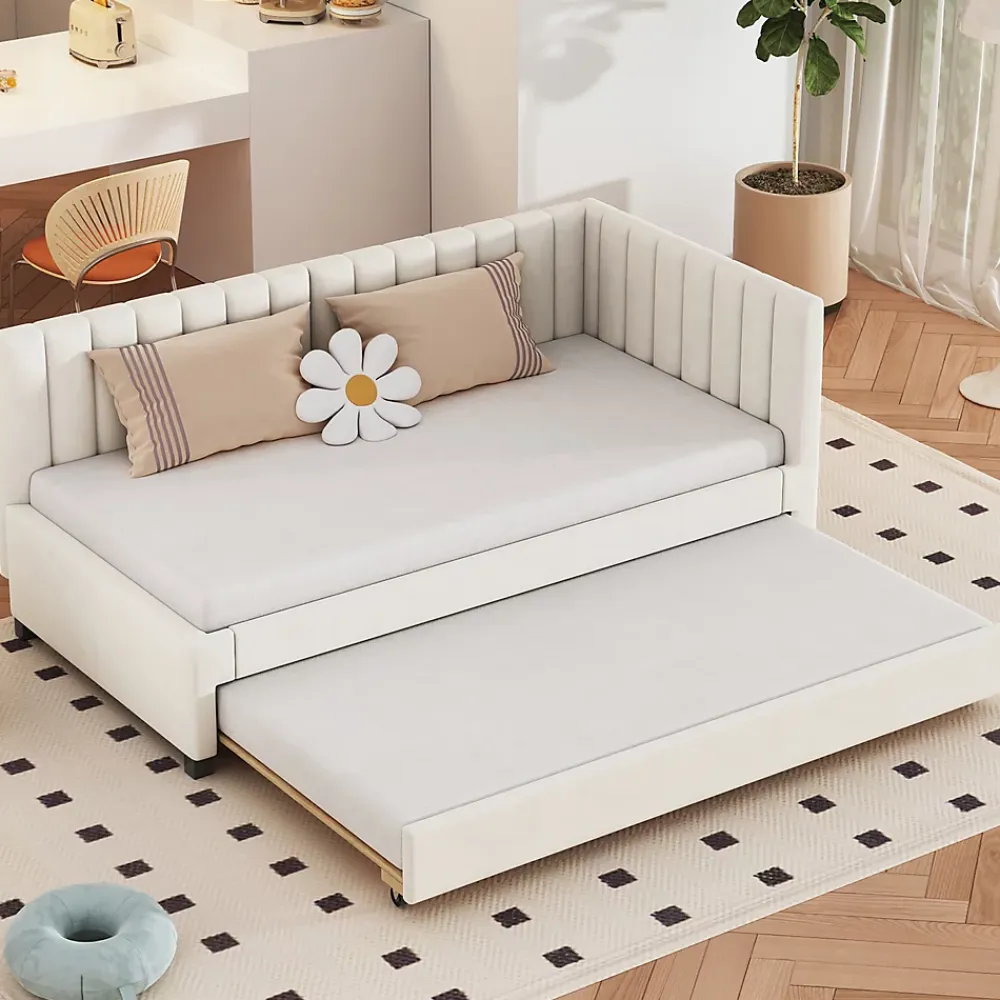 Okwish Lit Gigogne 90x200 cm - Lit enfant et d'Appoint avec Tiroir Intégré, Sommier À Lattes, Velours Beige* Lit Gigogne