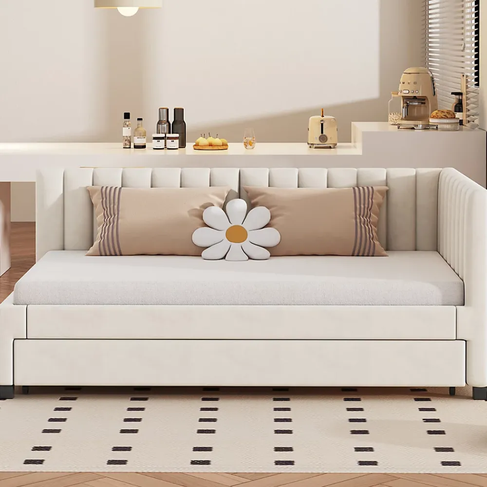 Okwish Lit Gigogne 90x200 cm - Lit enfant et d'Appoint avec Tiroir Intégré, Sommier À Lattes, Velours Beige* Lit Gigogne