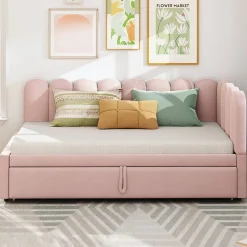 Lit Gigogne 90x200 cm - Lit Enfant Velours avec Rangement et Lit Extensible, 2-en-1 Multifonction, Sans Matelas, Rose>Okwish Clearance