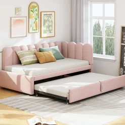 Lit Gigogne 90x200 cm - Lit Enfant Velours avec Rangement et Lit Extensible, 2-en-1 Multifonction, Sans Matelas, Rose><noscript><img width=