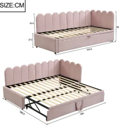 Lit Gigogne 90x200 cm - Lit Enfant Velours avec Rangement et Lit Extensible, 2-en-1 Multifonction, Sans Matelas, Rose><noscript><img width=