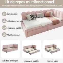 Lit Gigogne 90x200 cm - Lit Enfant Velours avec Rangement et Lit Extensible, 2-en-1 Multifonction, Sans Matelas, Rose><noscript><img width=