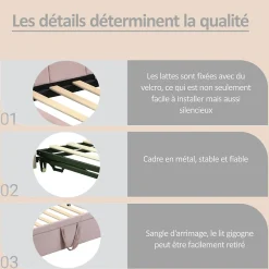 Lit Gigogne 90x200 cm - Lit Enfant Velours avec Rangement et Lit Extensible, 2-en-1 Multifonction, Sans Matelas, Rose><noscript><img width=
