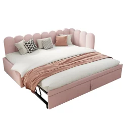 Lit Gigogne 90x200 cm - Lit Enfant Velours avec Rangement et Lit Extensible, 2-en-1 Multifonction, Sans Matelas, Rose><noscript><img width=