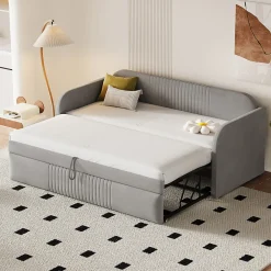 Lit gigogne 90/180x190 cm - Lit extensible avec tiroir de rangement - Tissu lin respirant gris clair>Okwish Discount