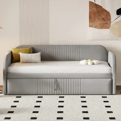 Lit gigogne 90/180x190 cm - Lit extensible avec tiroir de rangement - Tissu lin respirant gris clair>Okwish Discount