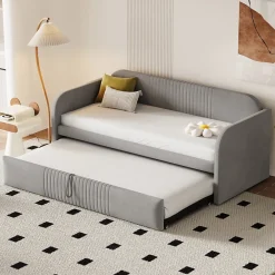 Lit gigogne 90/180x190 cm - Lit extensible avec tiroir de rangement - Tissu lin respirant gris clair><noscript><img width=