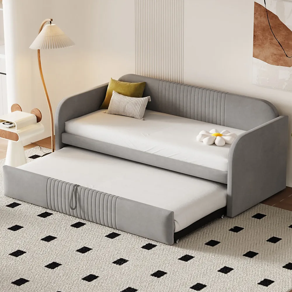 Lit gigogne 90/180x190 cm - Lit extensible avec tiroir de rangement - Tissu lin respirant gris clair>Okwish Discount