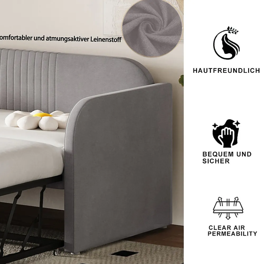 Lit gigogne 90/180x190 cm - Lit extensible avec tiroir de rangement - Tissu lin respirant gris clair>Okwish Discount