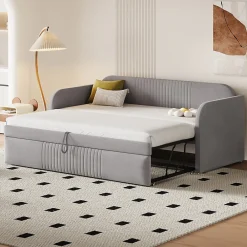 Lit gigogne 90/180x190 cm - Lit extensible avec tiroir de rangement - Tissu lin respirant gris clair><noscript><img width=