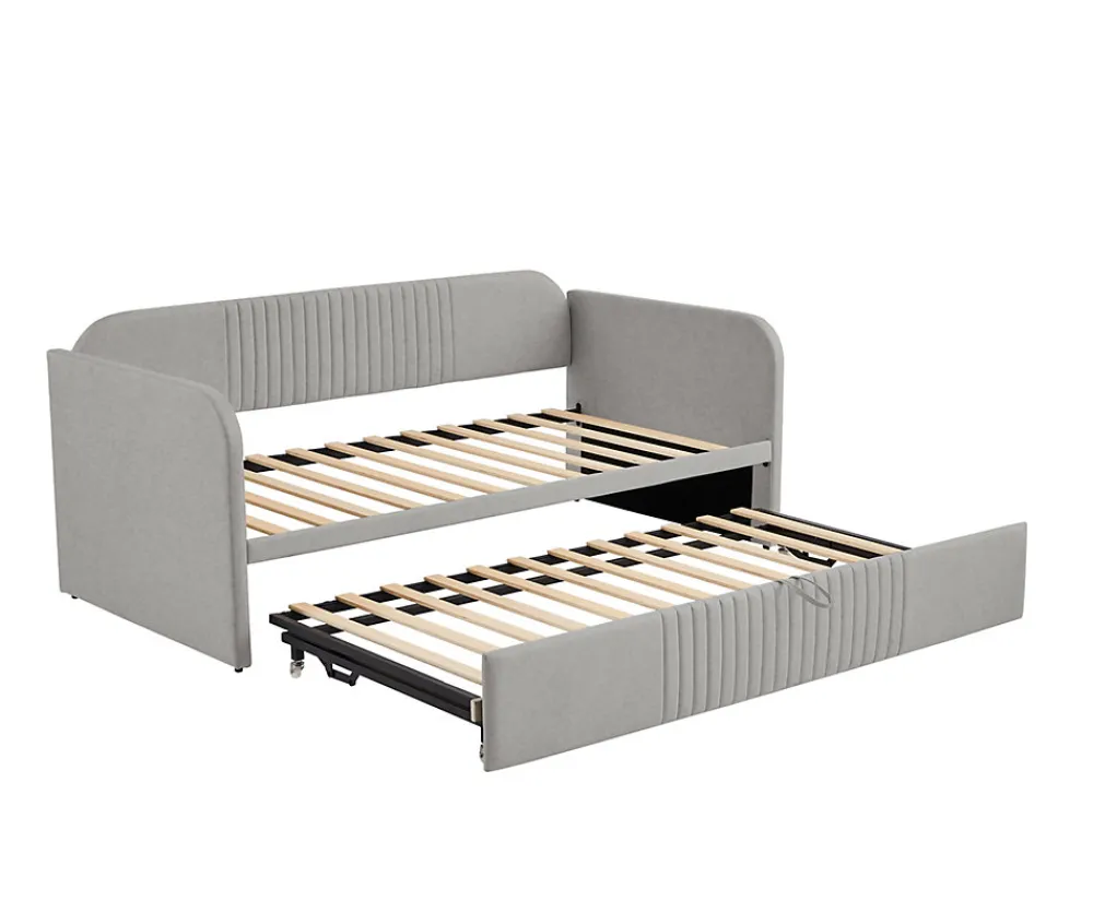 Lit gigogne 90/180x190 cm - Lit extensible avec tiroir de rangement - Tissu lin respirant gris clair>Okwish Discount