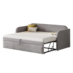 Lit gigogne 90/180x190 cm - Lit extensible avec tiroir de rangement - Tissu lin respirant gris clair><noscript><img width=