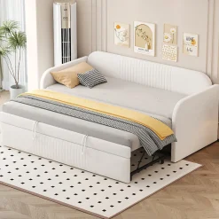 Lit gigogne 90/180x190 cm - Lit extensible avec sommier à lattes - Tissu lin respirant Beige, sans matelas>Okwish Sale