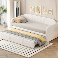 Lit gigogne 90/180x190 cm - Lit extensible avec sommier à lattes - Tissu lin respirant Beige, sans matelas>Okwish Sale