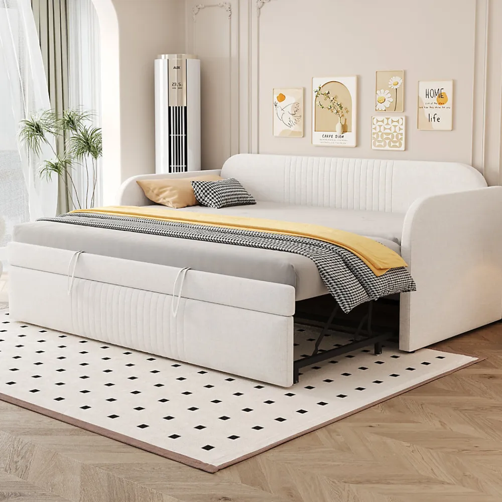 Lit gigogne 90/180x190 cm - Lit extensible avec sommier à lattes - Tissu lin respirant Beige, sans matelas>Okwish Sale