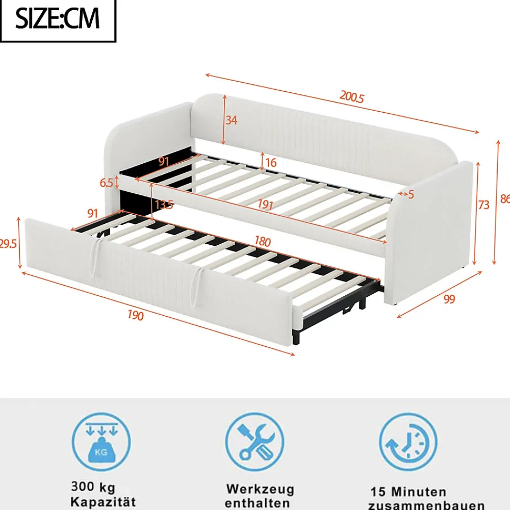 Lit gigogne 90/180x190 cm - Lit extensible avec sommier à lattes - Tissu lin respirant Beige, sans matelas>Okwish Sale