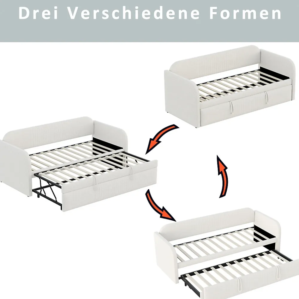 Lit gigogne 90/180x190 cm - Lit extensible avec sommier à lattes - Tissu lin respirant Beige, sans matelas>Okwish Sale