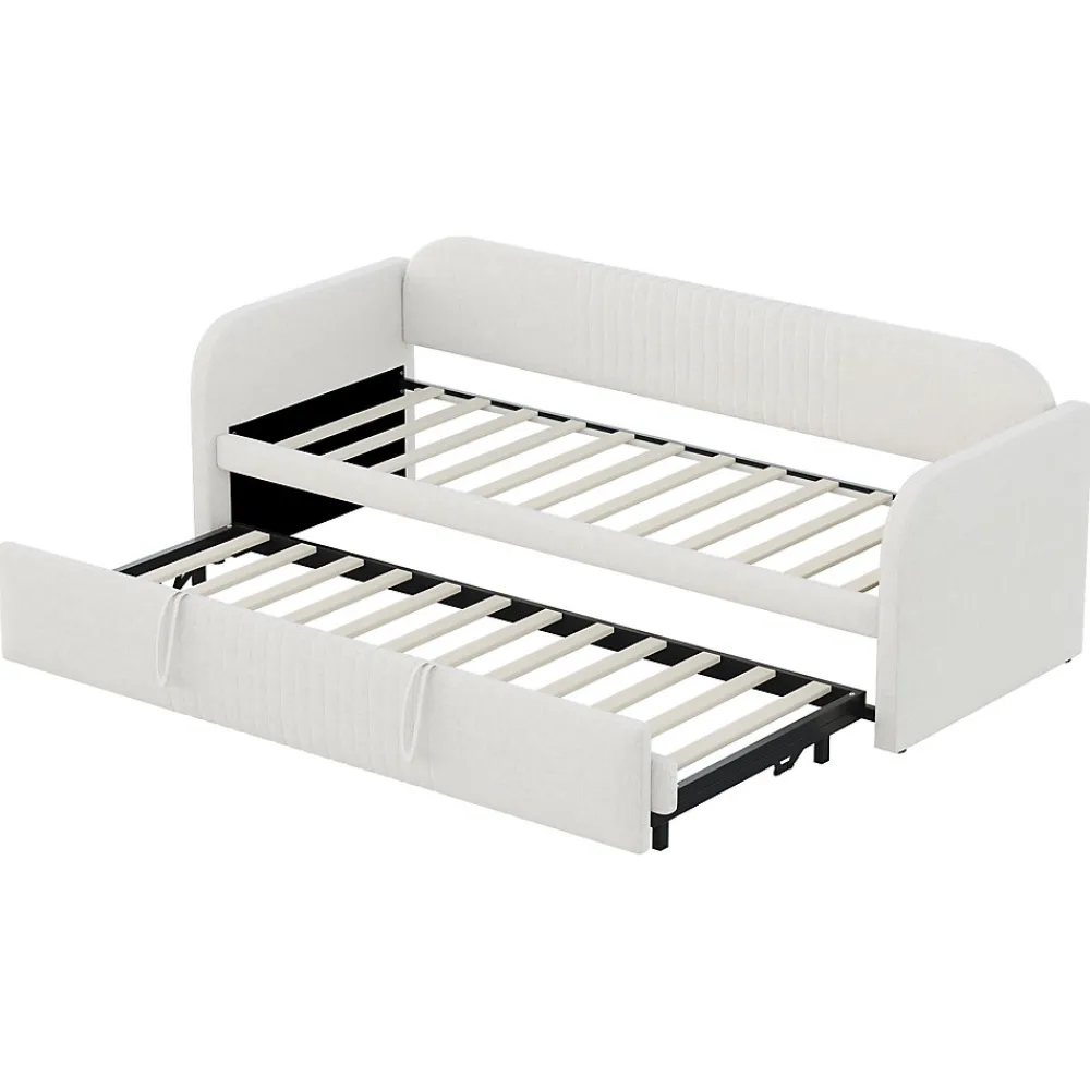 Lit gigogne 90/180x190 cm - Lit extensible avec sommier à lattes - Tissu lin respirant Beige, sans matelas>Okwish Sale