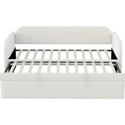 Lit gigogne 90/180x190 cm - Lit extensible avec sommier à lattes - Tissu lin respirant Beige, sans matelas><noscript><img width=