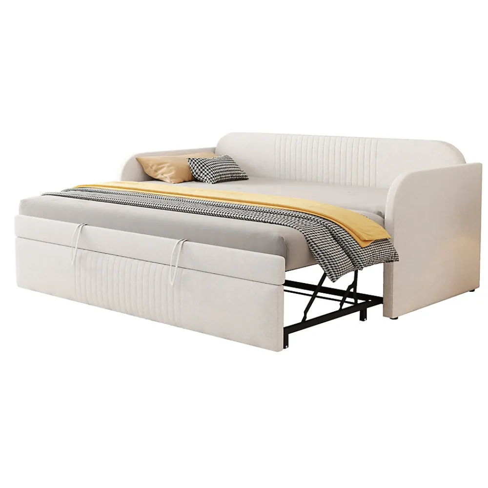 Lit gigogne 90/180x190 cm - Lit extensible avec sommier à lattes - Tissu lin respirant Beige, sans matelas>Okwish Sale