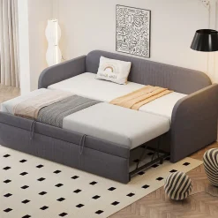 Okwish Lit gigogne 90/180x190 cm - Lit extensible avec tiroir et sommier à lattes - Tissu lin respirant Gris* Lit Gigogne