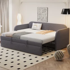 Okwish Lit gigogne 90/180x190 cm - Lit extensible avec tiroir et sommier à lattes - Tissu lin respirant Gris* Lit Gigogne