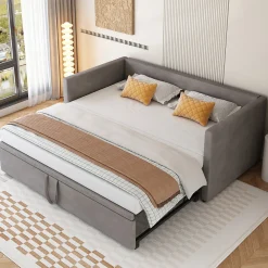 Lit Gigogne 90/180x200 cm - Lit Multifonction avec Sommier À Lattes, Convertible en deux Lits, Sans Matelas - Gris>Okwish New