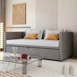 Lit Gigogne 90/180x200 cm - Lit Multifonction avec Sommier À Lattes, Convertible en deux Lits, Sans Matelas - Gris>Okwish New