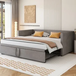 Lit Gigogne 90/180x200 cm - Lit Multifonction avec Sommier À Lattes, Convertible en deux Lits, Sans Matelas - Gris><noscript><img width=