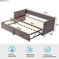 Lit Gigogne 90/180x200 cm - Lit Multifonction avec Sommier À Lattes, Convertible en deux Lits, Sans Matelas - Gris><noscript><img width=