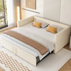Lit Gigogne 90/180x200 cm - Lit Multifonction avec Sommier À Lattes, Sans Matelas, Velours Doux - Beige>Okwish New