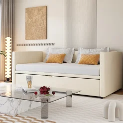 Lit Gigogne 90/180x200 cm - Lit Multifonction avec Sommier À Lattes, Sans Matelas, Velours Doux - Beige>Okwish New