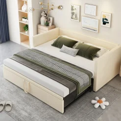 Lit Gigogne 90/180x200 cm - Lit Multifonction avec Sommier À Lattes, Sans Matelas, Velours Doux - Beige><noscript><img width=