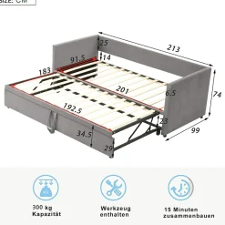Okwish Lit Gigogne 90/180x200 cm - Lit Multifonction avec Sommier À Lattes, Sans Matelas, en Velours Doux, Gris* Lit Gigogne