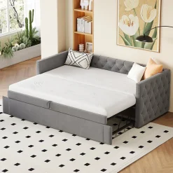 Lit Gigogne 90x200 cm - Lit Multifonction avec Sommier À Lattes, Convertible pour Chambre d'Amis, en Velours Gris, Sans Matelas>Okwish Clearance