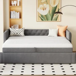 Lit Gigogne 90x200 cm - Lit Multifonction avec Sommier À Lattes, Convertible pour Chambre d'Amis, en Velours Gris, Sans Matelas>Okwish Clearance